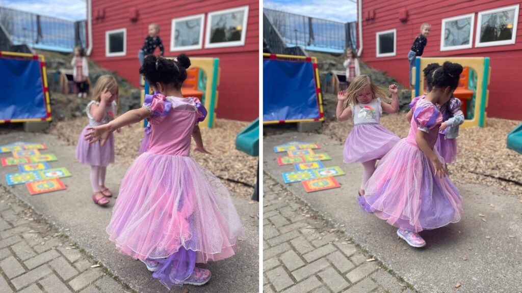 children twirling and playing in outside area of White Center Cooperative Preschool